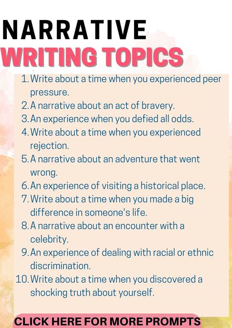 Unleash your child's imagination with our comprehensive list of narrative writing topics. Suitable for grades 3-9, these prompts will take your child on a magical journey of storytelling. Let's turn classroom writing into a fun adventure! #NarrativeWriting #CreativeWriting #WritingPrompts #Education #Storytelling Personal Narrative Ideas, Writing Topics For Adults, Narrative Writing Topics, Story Writing Topics For Grade 3, 6th Grade Writing Prompts, Narrative Writing Prompts 3rd Grade, Types Of Narrative Writing, Third Grade Narrative Writing, Narrative Writing Paragraph