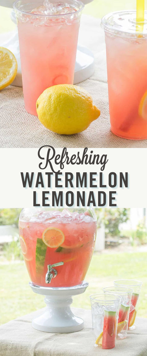 Looking for a refreshing unique lemonade recipe? Try this refreshing and easy watermelon lemonade recipe that is perfect for summer parties! It’s light and citrusy and can be made with homemade lemonade or store-bought lemonade. Perfect for a summer gathering! Lemonade Mixed Drinks Non Alcoholic, Homemade Watermelon Lemonade, Fun Lemonade Drinks, Strawberry Watermelon Lemonade, Bulk Lemonade Recipe, Large Batch Lemonade Recipe, Low Sugar Lemonade, Watermelon Lemonade Cocktail, Lemonade Stand Recipes