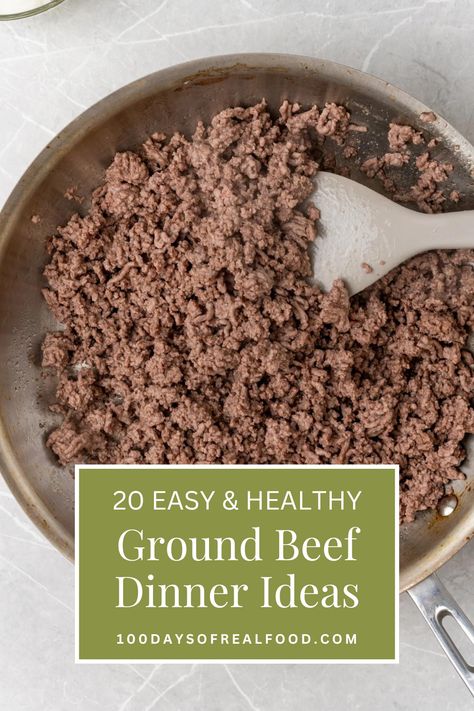 Ground Beef in a Skillet. With Text Reading: Quick Dinners Using Ground Beef, Quick Easy Ground Beef Meals, Ground Beef Thm Recipes, Ground Beef High Protein Low Carb, 100 Ground Beef Recipes, Hamburger Meat Recipes Healthy Low Carb, Ground Meat Cream Cheese Recipes, Quick Meals With Ground Beef Simple, Healthy Dinners With Beef