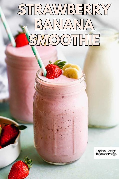 Refreshing strawberry banana smoothie in a mason jar topped with fresh strawberries and banana, a healthy and tasty drink option. Best Strawberry Banana Smoothie, Easy Strawberry Banana Smoothie, Fresh Fruit Smoothie Recipes, Banana Smoothie Recipe Healthy, Easy Fruit Smoothie Recipes, Strawberry Banana Smoothie Recipe, Tropical Smoothie Recipes, Easy Healthy Smoothie Recipes, Easy Breakfast Smoothies