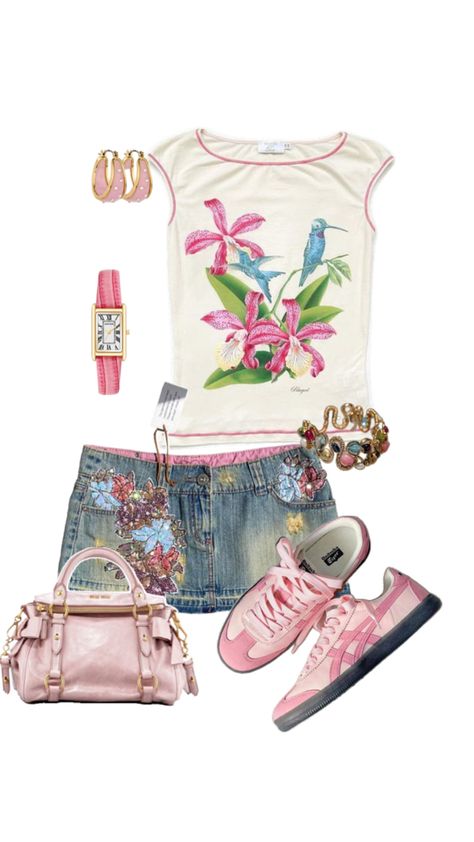 Outfit Jean Skirt Outfit, Light Pink Shoes, White Baby Tee, Outfit Inspo Casual, 2000s Fashion Outfits, Cute Preppy Outfits, Pink Jewelry, Swaggy Outfits, Simple Trendy Outfits