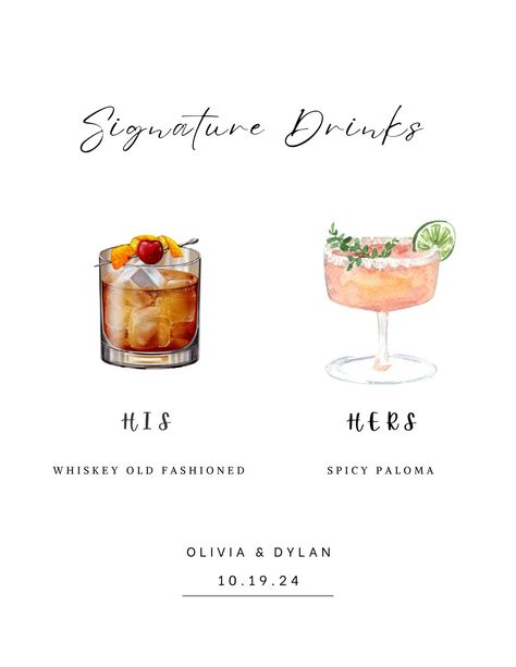 His and hers drink wedding sign that showcases your unique signature cocktails.  Simply download the template, edit to your desired drink offerings, and print as many copies as you would like to show prominently at your wedding reception to guide your guests to your personal taste. Let your guests indulge in your creative cocktails with this elegant His and Hers Drink Sign Template. Cheers and Congratulations on your special day! His And Hers Drink Menu Wedding, His And Her Specialty Drinks Wedding, Wedding His And Her Favorites, His Hers Wedding Cocktails, His And Hers Signature Drinks, Easy Signature Cocktails Wedding, Wedding Cocktail Hour Drinks, His And Her Wedding Drinks, His And Her Drink Sign