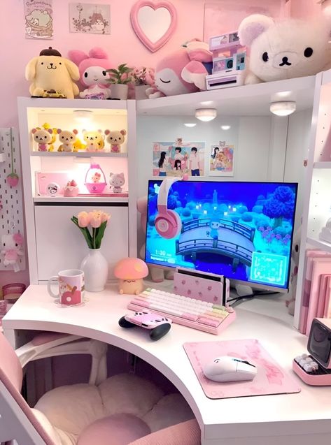 Girly Streaming Setup, Colorful Pc Setup, Anime Bedroom Ideas, Games Room Inspiration, Game Setup, Gamer Room Decor, Cozy Home Office, Cute Diy Room Decor, Office Room Decor