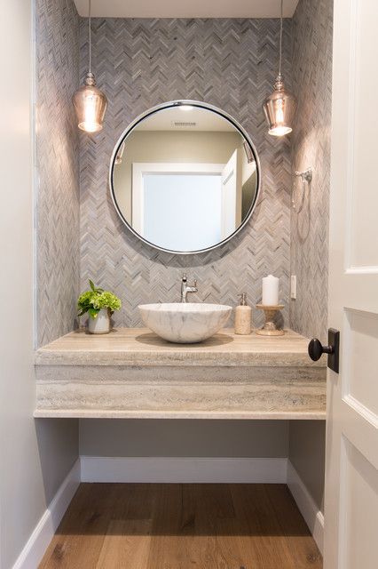 Powder Room Ideas Modern, Bathroom Wallpaper Modern, Modern Pedestal Sink, Modern Powder Rooms, Tile Mirror, Room Vanity Ideas, Powder Room Decor, Small Bathroom Vanities, Guest Toilet