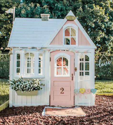 Playhouse DIY Makeover | KidKraft | White & Pink Dollhouse | Remodel | Girly Update | Custom Playhouse | Before & After Costco Playhouse, Cedar Playhouse, Playhouse Makeover, Backyard Fort, Playhouse Plans, Diy Playhouse, Backyard Playhouse, Build A Playhouse, Backyard House