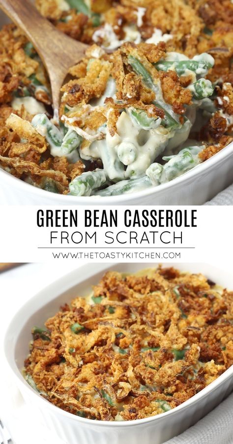 Green bean casserole from scratch recipe by The Toasty Kitchen. Green bean casserole is a classic holiday side dish to pair with that Thanksgiving turkey or Christmas ham. This green bean casserole is made entirely from scratch with a creamy mushroom sauce and crispy fried onions. #greenbeancasserole #fromscratch #holidaysidedish #christmas #thanksgiving #greenbeans Greenbean Casserole Recipe From Scratch, Gluten Free Green Bean Casserole, Healthy Green Bean Casserole, Healthy Green Beans, Cauliflower Casserole Recipes, 12 Tomatoes Recipes, Sweet Potato Recipes Casserole, Gluten Free Thanksgiving, Healthy Potato Recipes