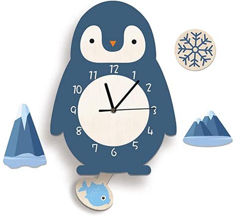 Penguin Nursery, Wood Clock Design, Wall Clock Decor, Animal Clock, Kids Wall Clock, Lion Nursery, Pendulum Wall Clock, Cartoon 3d, Bear Nursery