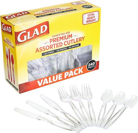 Brand	Glad
Number of Pieces	240
Material	Plastic
Color	Clear
Product Care Instructions	Dishwasher Safe
Recommended Uses For Product	Travel
Special Feature	Heavy Duty
Finish Type	Plastic
Included Components	240 utensils
Style	Assorted Cutlery Party Utensils, Disposable Utensils, Disposable Cutlery, Plastic Silverware, Plastic Utensils, Plastic Forks, Plastic Cutlery, Plastic Ware, Plastic Spoons