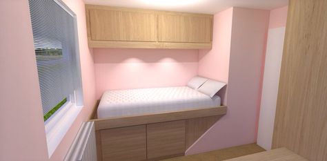 A bed over the stair box Stair Box In Bedroom, Bulkhead Bedroom, Box Room Beds, Box Room Bedroom Ideas, Bedroom Design Diy, Fitted Bedroom Furniture, Small Bedroom Storage, Fitted Bedrooms, Box Bedroom