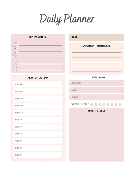 Daily planner, minimalist planner page, meal plan, notes and reminders instant download Pink Daily Planner, Simple Daily Planner, Printable Daily Planner, Organization Skills, Hourly Planner, Daily Planner Pages, Daily Planner Printable, Productivity Planner, Day Plan