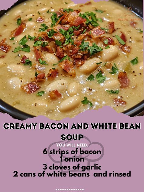 🥓🍲 Experience ultimate comfort with our Creamy Bacon and White Bean Soup! Rich, hearty, and oh-so-delicious! #SoupSeason Creamy Bacon and White Bean Soup Ingredients: - 6 strips of bacon, chopped - 1 onion, diced - 3 cloves of garlic, minced - 2 cans of white beans, drained and rinsed - 4 cups of chicken broth - 1 cup of heavy cream - Salt and pepper to taste - Fresh parsley for garnish Instructions: 1. In a large pot, cook bacon until crispy. Remove bacon and set aside, leaving 1 tbsp of ... Bean Soup With Bacon, White Bean Sausage Soup, White Beans And Ham, Bean And Sausage Soup, Bacon Soup Recipes, Bean And Bacon Soup, Bacon Chowder, Soup With Bacon, White Bean Recipes