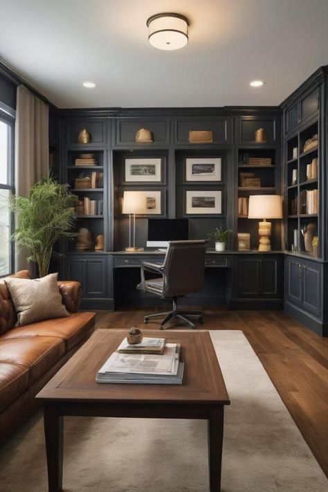 Country Style Office Ideas, Home Office Study Library, Industrial Office Home, Office Moody Design, Office With Black Built Ins, Small Library And Office Room, Home Office Ideas With Multiple Monitors, Office With Leather Couch, Home Offices With Couches