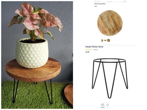 Kmart plant stand hack using wooden serving platter and hairpin plant stand Plant Stand Hack, Kmart Hack, Kmart Decor, Diy Brick Wall, Team Office, Kmart Australia, Pot Tanaman, Kmart Hacks, Wooden Serving Platters