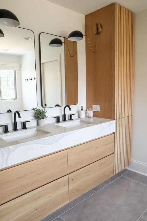 Deep Sink Vanity, Bathroom Sink With Tall Cabinet, Bathrooms With Storage Cabinets, Modern Bathroom Wood Vanity, Bathrooms With Cabinets, Wood Vanity Concrete Countertop, Freestanding Double Vanity, Bathroom Remodel Floating Vanity, Double Sink Shower Bathroom