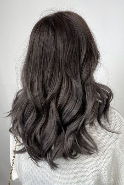 Ash Brown One Color Hair, Cool Ash Brown Balayage On Dark Hair, Ashy Brown Hair All Over Color, Balayage, Dark Brown And Ash Brown Hair, Dark Smokey Brown Hair Color, Level 3 Ash Brown Hair, Balayage Hair For Asian Hair, Dark Ash Balayage Hair