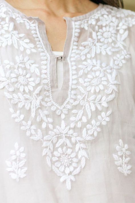 Chikankari Hand Embroidery, Lucknowi Embroidery Design, Embroidered Neckline Designs, Chikankari Designs Hand Embroidery, Embroidery In Kurti, Neck Ideas, Chikankari Embroidery, Hand Embroidery Dress, Embroidery On Kurtis