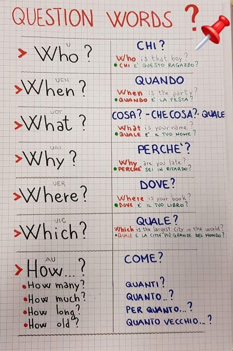 Language Learning Italian, Italian Notes, अंग्रेजी व्याकरण, Question Words, Basic Italian, Italian Grammar, Italian Vocabulary, Italian Lessons, Italian Language Learning