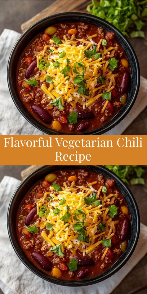 This flavorful vegetarian chili is rich in taste with a mix of beans, vegetables, and bold spices. Top with cheese and sour cream for the ultimate bowl! Slow Cooker Vegetarian Chili Recipe, Chilli Bean Soup Recipe, Meatless Chili Recipe Crockpot, Meatless Crockpot Recipes, Bean Chili Recipe Vegetarian, Vegetarian Chilli Recipes, Bean Chili Crockpot, 15 Bean Chili, Bean Chili Vegetarian