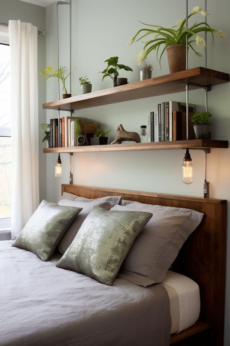 Bedroom Decor Corner Bed, Shelf As Headboard, Floating Shelves Above Bed Headboards, Over The Bed Floating Shelf, Bookshelf As Headboard, Calming Bedroom Lighting, Head Of Bed Decor, Floating Shelf Headboard Ideas, Bed Wall Storage Ideas