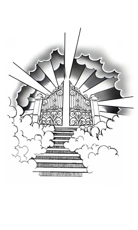 Stairs To Heaven Tattoo, Gates Of Heaven Tattoo, Stairway To Heaven Tattoo, Chest Tattoo Drawings, Half Sleeve Tattoo Stencils, Arm Tattoos Drawing, Heaven Tattoos, Half Sleeve Tattoos Drawings, Tattoo Outline Drawing