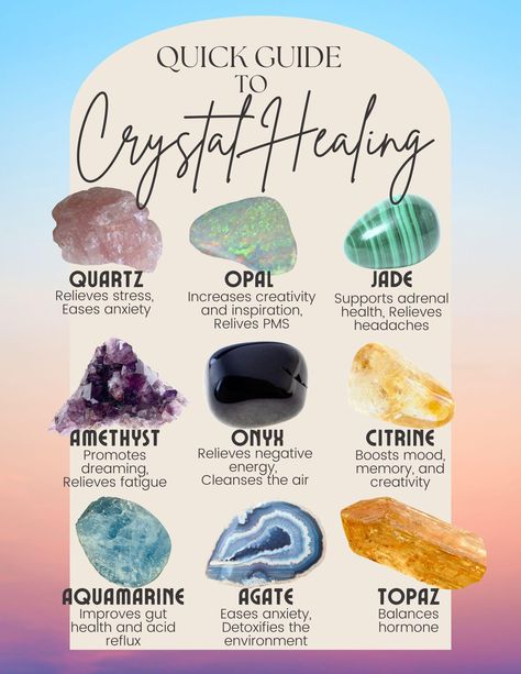 Crystal healing guidebook Healing Crystals Guide, Crystals For Nausea, Emotional Healing Crystals, Healing Stones And Crystals Meanings, Stones And Crystals Meanings, Gemstones And Their Meanings, Crystal Identification, Crystals Meanings, Best Healing Crystals