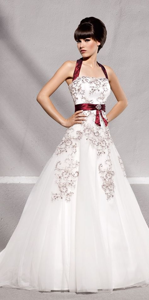 wedding dress with red accents, from Elizabeth Passion Wedding Dress With Red Accents, Wedding Dress With Red, Red White Wedding Dress, Red And White Weddings, Wedding Dress Types, Red Wedding Dress, Red Wedding Dresses, White Wedding Dress, Black Wedding Dresses