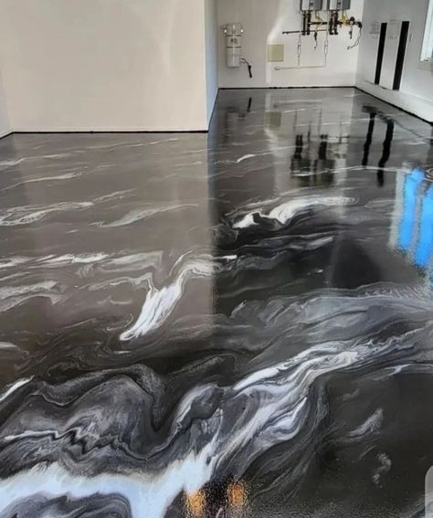 Epoxy Floor Marble Look, Epoxy Floor Black And White, Black White Gold Epoxy Floor, Epoxy Floor Hair Salon, Black Marble Epoxy Floor, Black And Gold Epoxy Floor, Matte Epoxy Floors In Home, Metallic Marble Epoxy Floor, Epoxy Floor Paint