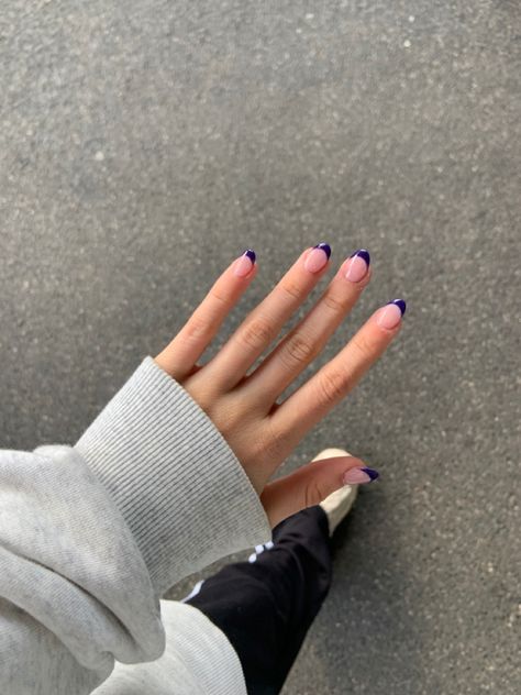 nails aesthetic trending now Angeles, Short Acrylic Nails January, Dark Purple French Tip Nails Acrylic Almond, Dark Purple Gel Nails Ideas, Nail Inspo Dark Purple, Dark Purple Nails Acrylic Short, Dark Purple Tips Nails, Dark Purple French Tip Nails Almond, Dark Purple Tip Nails