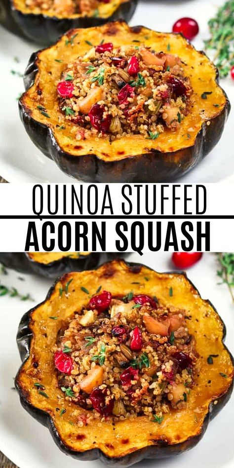 Quinoa Stuffed Acorn Squash, Zucchini Zoodles, Healthy Squash Recipes, Quinoa Stuffing, Acorn Squash Recipe, Vegan Thanksgiving Dinner, Stuffed Acorn Squash, Acorn Squash Recipes, Fall Vegan Recipes