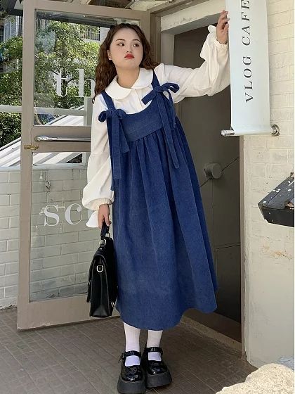 Plus Size Clay Blue Ocean Round Neckline Corduroy Overall Dress Overall Dress Hijab, Overall Dress Plus Size, Plus Size Korean Outfits, Blue Overall Dress, Overall Dress Outfit, Korean Plus Size Fashion, Overalls Dress, Fairycore Clothes, Modest Dresses Fashion