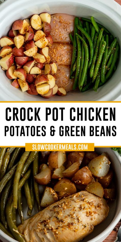 Overhead look at Crock pot chicken potatoes and green beans. Essen, Chicken Green Beans Potatoes Crockpot, Slow Cooker Chicken Green Beans Potatoes, Simple 3 Ingredient Meals, Chicken Potato Green Beans Crockpot, Simple Crock Pot Recipes Healthy, Healthy Fall Dinners Crock Pot, Chicken And Vegetable Crockpot Recipes, Chicken Breast And Potatoes Crock Pot