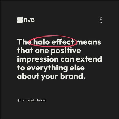 Halo Effect 😇 - What if your best quality made everything else shine? 💫 The halo effect means that one positive impression can extend to everything else about your brand. 🥹 Tip: Highlight your strongest qualities and let them cast a positive light on the rest of your offerings. 🧐 #HaloEffectInBranding #PositiveImpressions #BrandPsychology #fromregulartobold #regulartobold #regularbold #brandingmatters #brandingdesign #coachbranding The Halo Effect, Halo Effect, What If, Psychology, Halo, Branding Design, It Cast, Branding, Let It Be