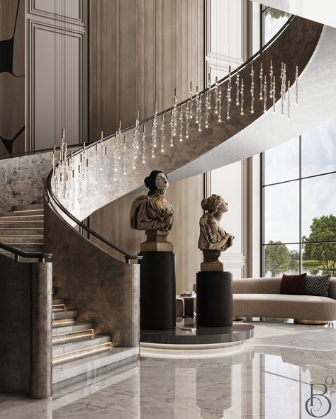 Foyer Minimalist, Luxurious Stairs, Luxurious Entrance, Luxurious Staircase, Villa In Dubai, Stair Design Architecture, Luxury Stairs, Entrance Foyer Design, درج ا�لسلم