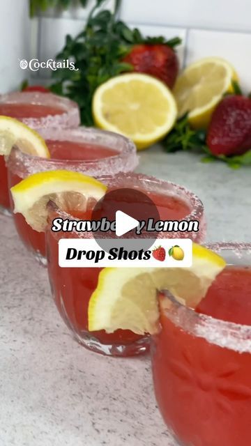 Strawberry Hennessy Lemon Drop, Lemon Drop Shots Recipe, Lemon Drop Recipe Drinks, Lemondrop Shot Recipe, Strawberry Lemon Drop, Strawberry Hennessy, Strawberry Shots, Lemon Drop Recipe, Lemon Drop Shots