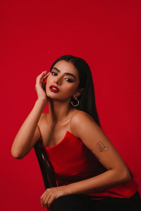 Hot Studio Photoshoot, Red Dress Shoot Photography, Bold Look Photoshoot, Bold Aesthetic Photography, Red On Red Photoshoot, Bold Poses For Photoshoot, High End Photoshoot, Red Dress Photoshoot Ideas Studio, Red Dress Studio Photoshoot