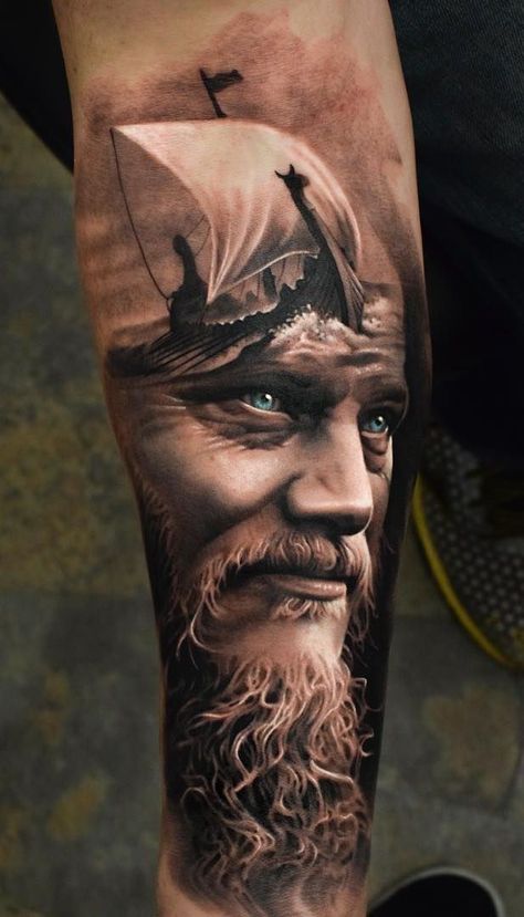 Vikings, Tattoos, Ragnar Lothbrok Tattoo, Arlo Dicristina, Face Morph, Ragnar Lothbrok, Tattoo Tattoo, Tattoo Artist, Portrait Tattoo