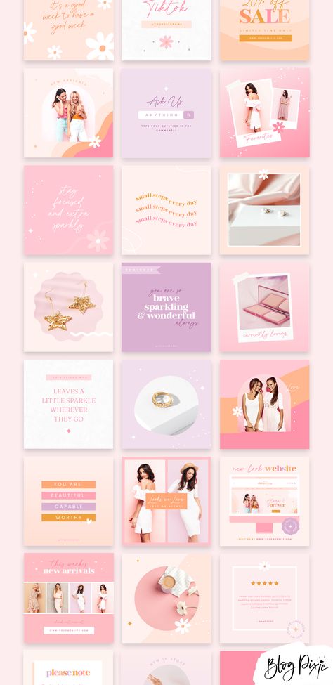 Instagram templates to edit in Canva in pretty pink and purple colors Instagram Page Ideas Theme, Colorful Template Design, Instagram Pages Theme, Instagram Sale Post Ideas, Instagram Page Template, Instagram Theme Ideas For Business, New Store Opening Instagram Post, Beauty Instagram Feed Inspiration, Pink Instagram Layout Ideas