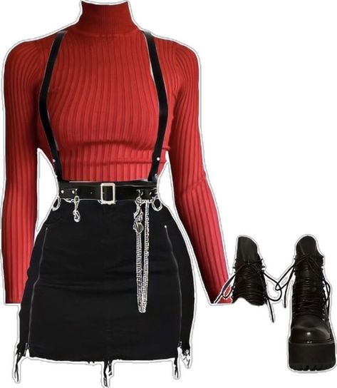 Red And Black Outfit Ideas, Flaming Hot, Elegante Casual, Red Skirt, Looks Black, Alternative Outfits, Goth Outfits, Edgy Outfits, Mode Vintage