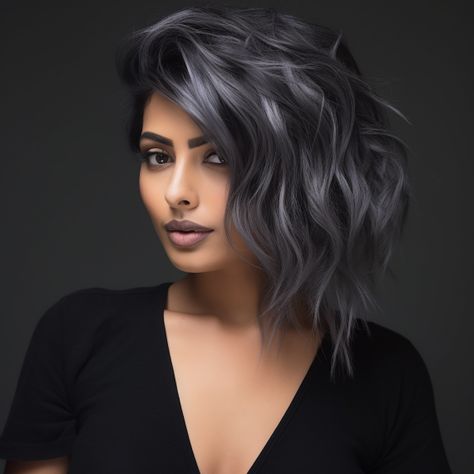 Eclipse Black with Gray Contouring Grey And Black Hair Color, Grey Hair Color Ideas For Brunettes, Blending Gray With Black Hair, Short Black Hair With Grey Balayage, Gunmetal Gray Hair, Black With Ash Grey Highlights, Black And Gray Ombre Hair Short, Gray To Black Ombre Hair, Black Hair With Silver