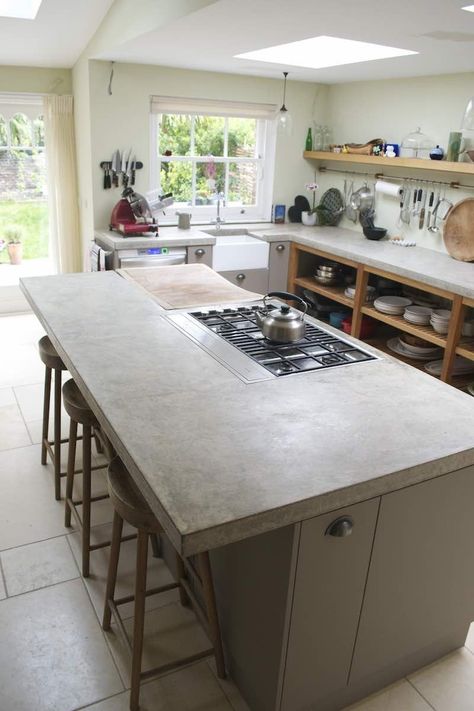 Concrete Worktop Kitchen, Polished Concrete Kitchen, Cement Kitchen, Concrete Kitchen Island, Concrete Countertops Colors, White Concrete Countertops, Concrete Countertops Kitchen, Diy Concrete Countertops, Kabinet Dapur