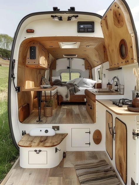 23 Small Camper Interior Ideas – TastyInteriors Van Wood Interior, Camper Ideas Outside, Day Van Interior Ideas, Cool Camper Vans, Mini Camper Interior, Tiny Camper Interior Layout, Camper Van Workspace, Custom Camper Interior, Vw Camper Interior Ideas