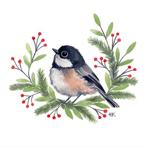 Chickadee Art, Winter Foliage, Bird Artists, Black Capped Chickadee, Art Christmas Gifts, Christmas Card Art, Watercolor Christmas Cards, Christmas Bird, Watercolor Images