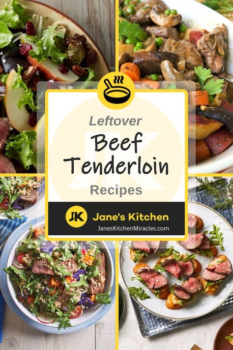 A collage of leftover beef tenderloin dishes Leftover Beef Tenderloin, Beef Tenderloin Stew, Leftover Tenderloin, Tenderloin Steak Recipes, Leftover Beef Recipes, Leftover Steak Recipes, Beef Tenderloin Recipes, Leftover Roast Beef, Philly Cheese Steak Sliders