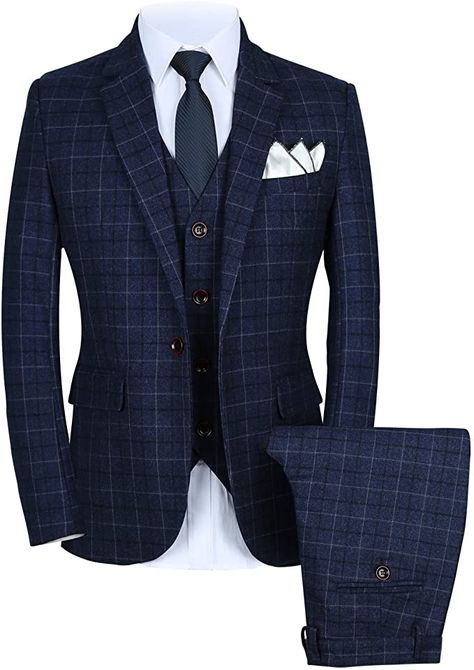 Blue Plaid Suit, Dress Suits For Men, Slim Fit Suits, Plaid Suit, Blazer Vest, Slim Fit Suit, Fitted Suit, Three Piece Suit, The Great Gatsby