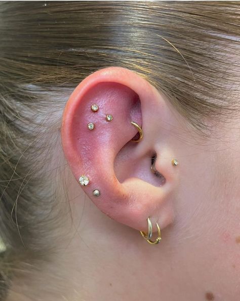 Upper Conch Piercing, Ears Pirsing, Forward Helix Piercing Ideas, Ear Setup, Mid Helix Piercing, Piercing Combinations, Snug Piercing, Piercing Inspo, Forward Helix Piercing