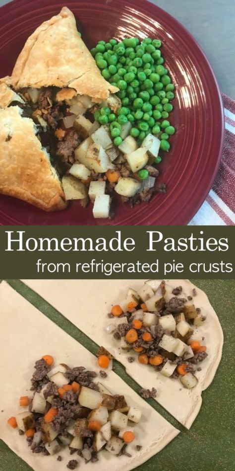 These easy homemade pasties use premade refrigerated pie crusts and ground beef to make delicious custom filled pasties. I like traditional meat, potatoes, and onions, but you could get creative and change them up. Meat And Potato Pockets, How To Make Beef Pasties, Beef And Potato Pasties, Meat Pasties Recipes, Ground Beef Pie Crust, Beef Pasties Recipes Easy, Homemade Pasty Pie, Pasty Recipe Easy, Easy Pasties Recipes Michigan