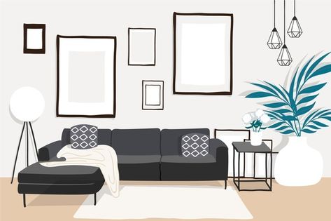 Modern living room interior design with flat design | Free Vector Furniture Background, Interior Design Vector, Furniture Png, Interior Background, Motif Art Deco, Interior Illustration, Exclusive Home, Mid Century Modern Decor, Scandinavian Decor