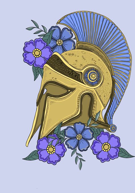 Original digital drawing of a Spartan/Greek battle helmet with American traditional flower tattoo accents Athena Drawing Greek Mythology, Greek Helmet Drawing, Traditional Greek Tattoo, Greek Helmet Tattoo, Greek Art Drawing, Spartan Helmet Drawing, Tattoo Accents, Greek Mythology Drawings, Athena Helmet