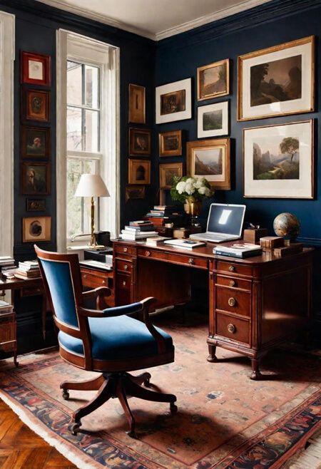 Home Office With Blue Accents, Traditional Office Desk, Antique Desk In Living Room, Antique Home Office Ideas, Blue Masculine Office, Mens Study Office Dark Walls, Cottage Study Room, Dark Blue Office Walls, Moody Blue Office