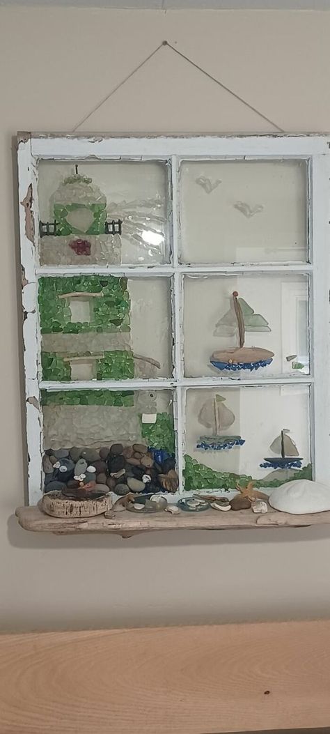 Seaglass Art Made From An Old Window And Seaglass Collected By Me Frog Habitat, Seaglass Art, Tiny Steps, Pretty Leaf, New Possibilities, Repurposed Items, Creative Idea, Sea Glass Art, Online Group